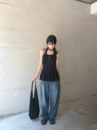 Cut-out Back Detail Hooded Wide Denim Pants