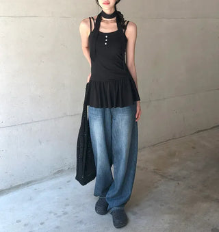 Cut-out Back Detail Hooded Wide Denim Pants