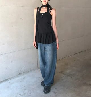 Cut-out Back Detail Hooded Wide Denim Pants