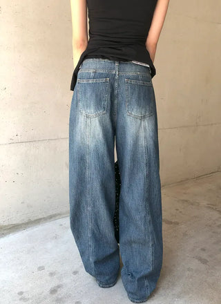 Cut-out Back Detail Hooded Wide Denim Pants