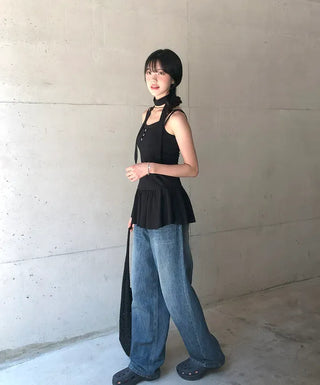 Cut-out Back Detail Hooded Wide Denim Pants