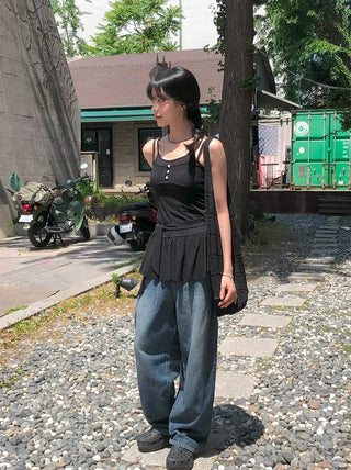 Cut-out Back Detail Hooded Wide Denim Pants