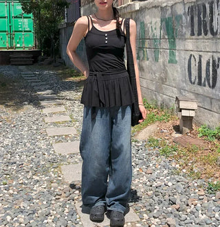 Cut-out Back Detail Hooded Wide Denim Pants