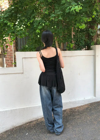 Cut-out Back Detail Hooded Wide Denim Pants