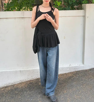 Cut-out Back Detail Hooded Wide Denim Pants
