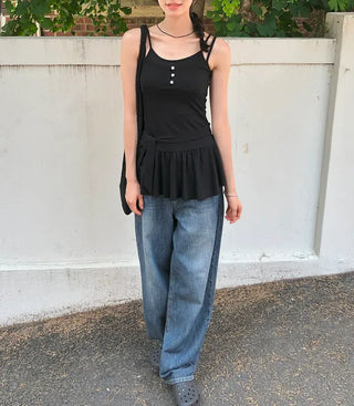 Cut-out Back Detail Hooded Wide Denim Pants