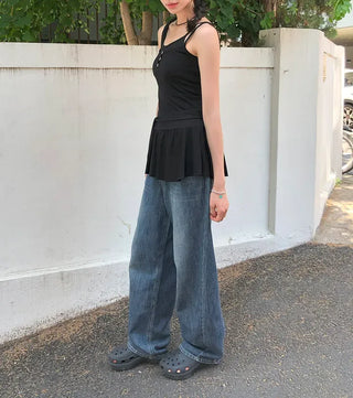 Cut-out Back Detail Hooded Wide Denim Pants
