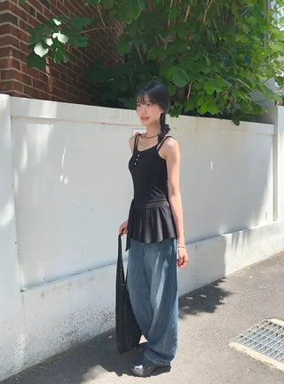Cut-out Back Detail Hooded Wide Denim Pants