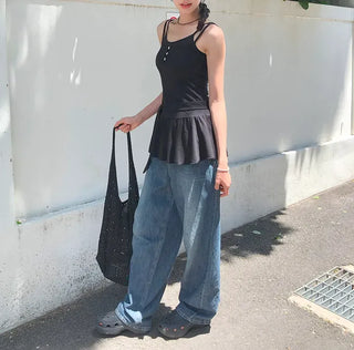 Cut-out Back Detail Hooded Wide Denim Pants