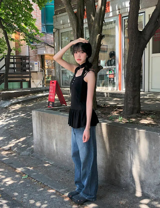 Cut-out Back Detail Hooded Wide Denim Pants