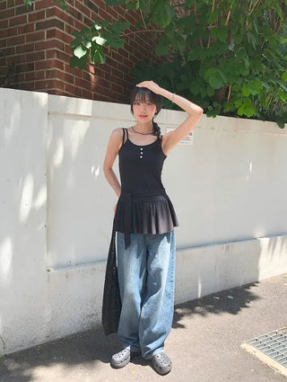 Cut-out Back Detail Hooded Wide Denim Pants