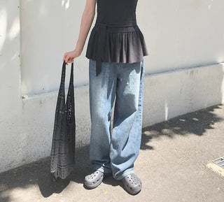 Cut-out Back Detail Hooded Wide Denim Pants
