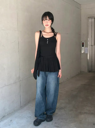 Cut-out Back Detail Hooded Wide Denim Pants