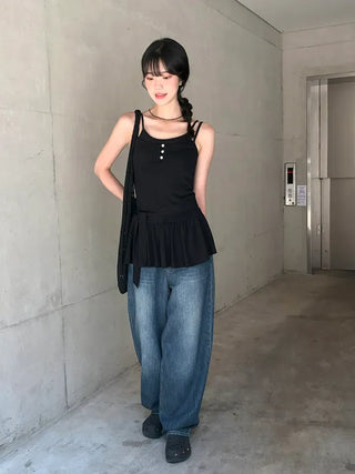 Cut-out Back Detail Hooded Wide Denim Pants