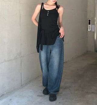 Cut-out Back Detail Hooded Wide Denim Pants