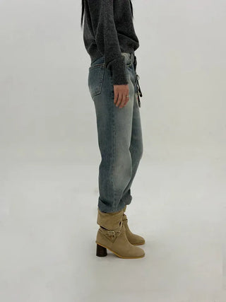 Deep fading low flare jeans
