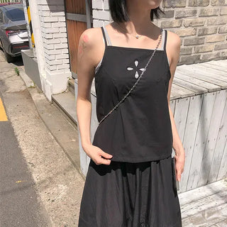 Two-way Punched Embroidery Button String Sleeveless Blouse