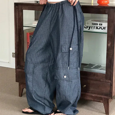 Non-Fade String Balloon Wide Cotton Cargo Pants