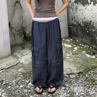 Non-Fade String Balloon Wide Cotton Cargo Pants