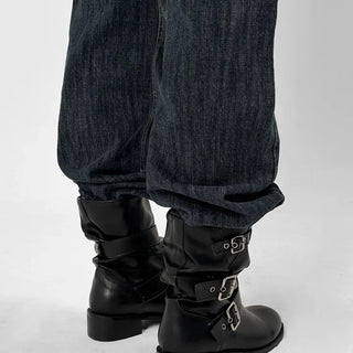 Biker buckle mid-calf boots