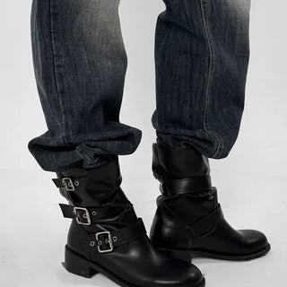 Biker buckle mid-calf boots
