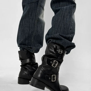 Biker buckle mid-calf boots