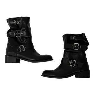 Biker buckle mid-calf boots
