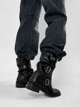 Biker buckle mid-calf boots