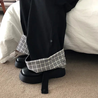 Rolled-up Check Cotton Wide Pants