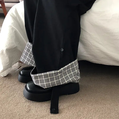 Rolled-up Check Cotton Wide Pants