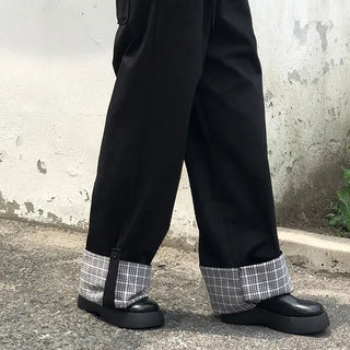 Rolled-up Check Cotton Wide Pants