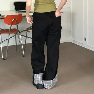 Rolled-up Check Cotton Wide Pants