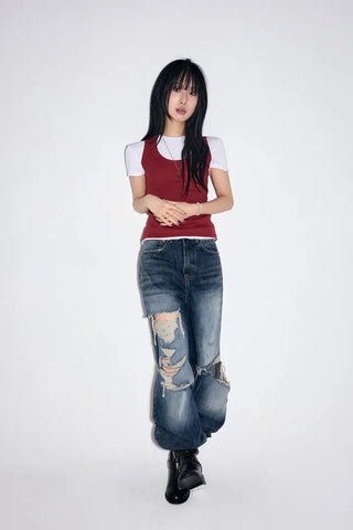 Cut Damage Wide Jeans