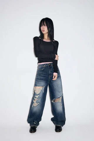 Cut Damage Wide Jeans