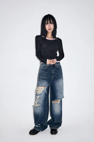 Cut Damage Wide Jeans