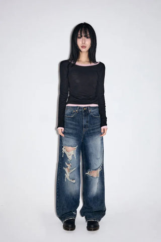 Cut Damage Wide Jeans