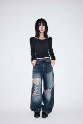 Cut Damage Wide Jeans