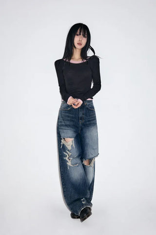 Cut Damage Wide Jeans