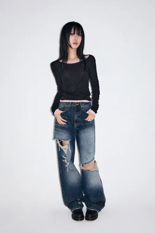 Cut Damage Wide Jeans