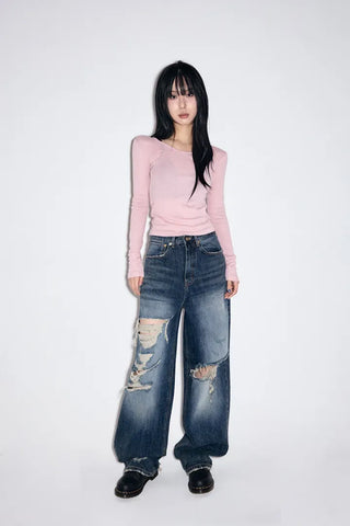 Cut Damage Wide Jeans