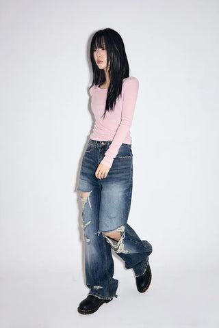 Cut Damage Wide Jeans