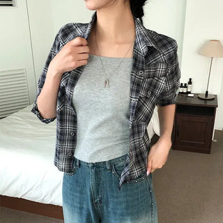 Semi-cropped check line shirt