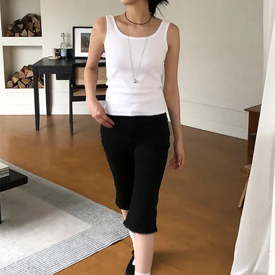 Cut-out Stretch Capri Cotton Pants