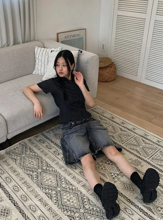 Tab-cut Denim Bermuda Pants