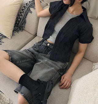Tab-cut Denim Bermuda Pants