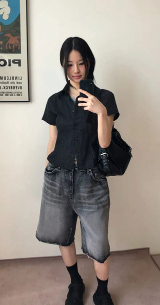 Tab-cut Denim Bermuda Pants