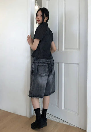 Tab-cut Denim Bermuda Pants