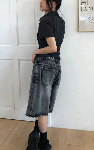 Tab-cut Denim Bermuda Pants