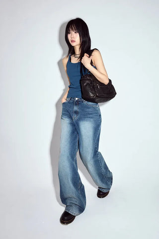 Bead-washed wide jeans