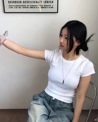 Basic Round Neck Cap Sleeve Short Sleeve T-shirt